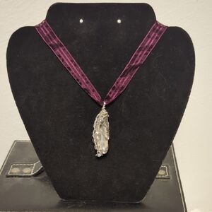 Elegant Wire-wrapped Geode Pendant Necklace with Purple Ribbon